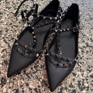 Valentino Black Rockstud Double Ankle Strap Pointy Toe Flats